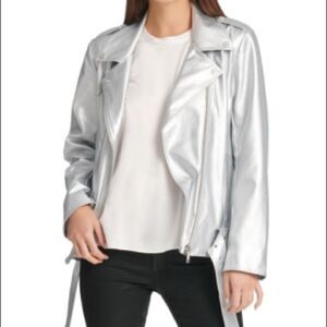 NWT DKNY silver  metallic Moto jacket XS